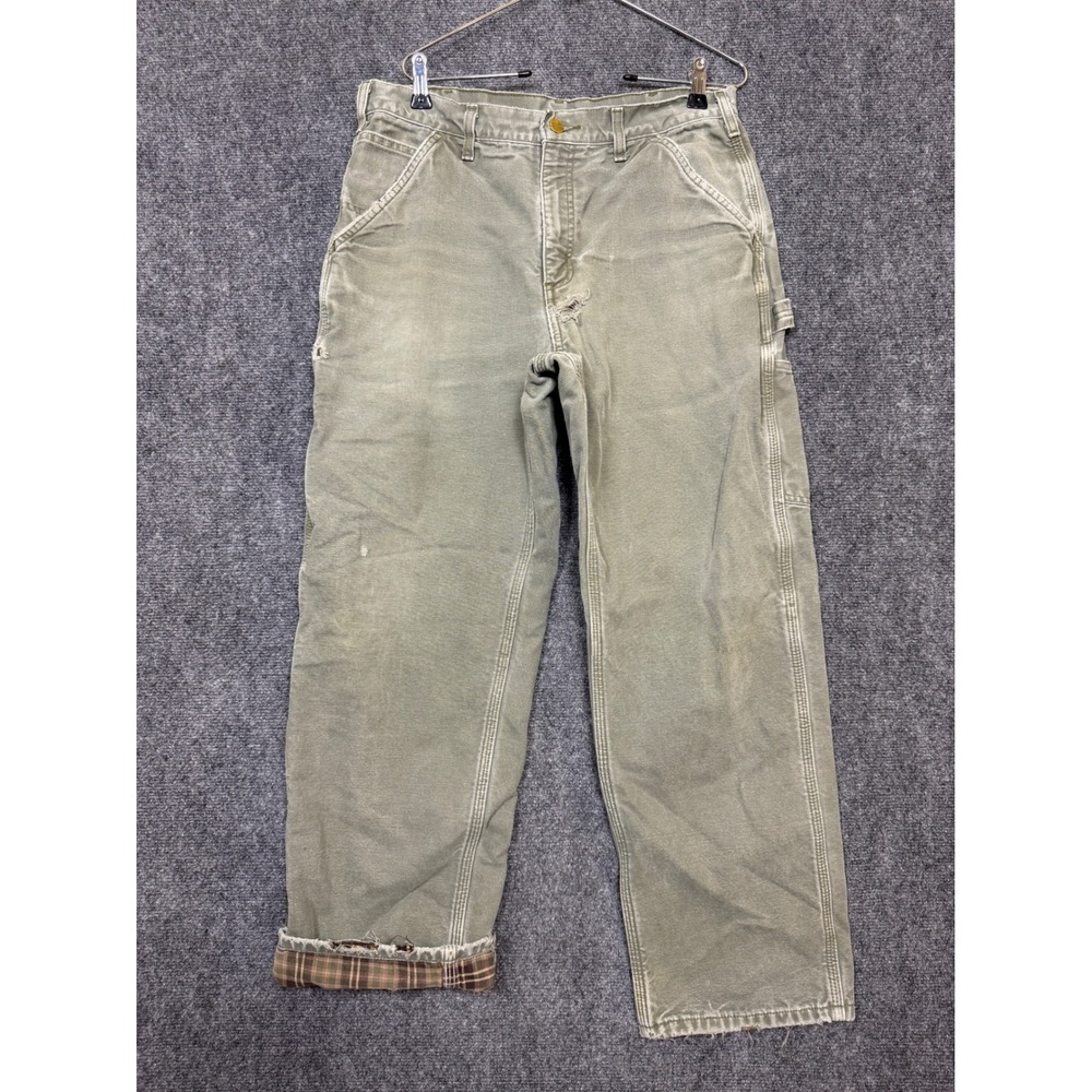 Vintage Carhartt Work Pants Flannel Lined Canvas Carpenter Green Men Size 34x30